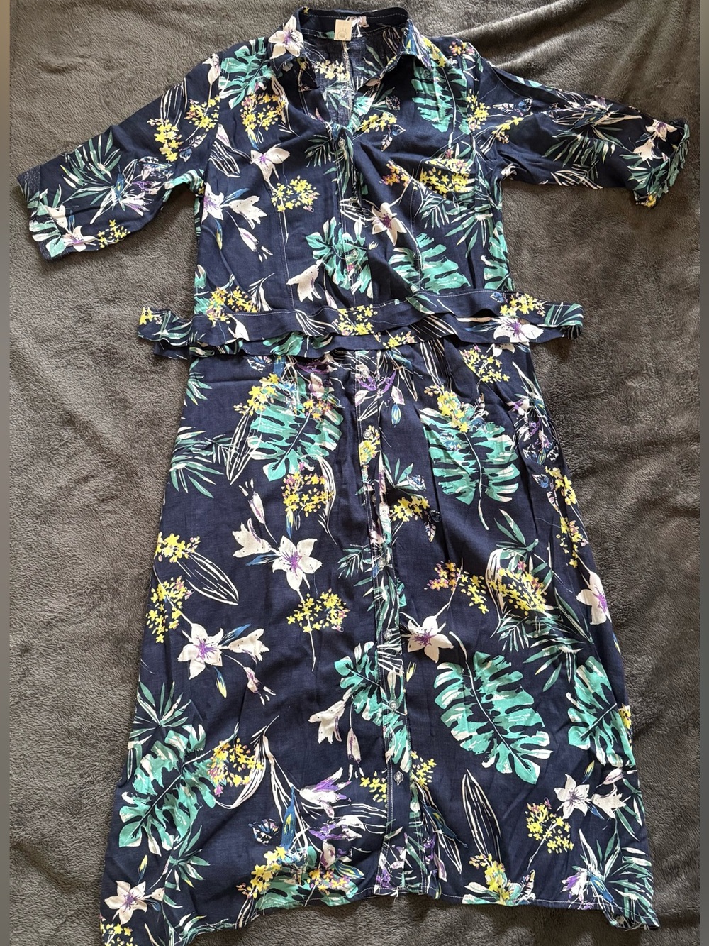 Colombian Brand. Navy Tropical Floral Button-Front Shirt Dress